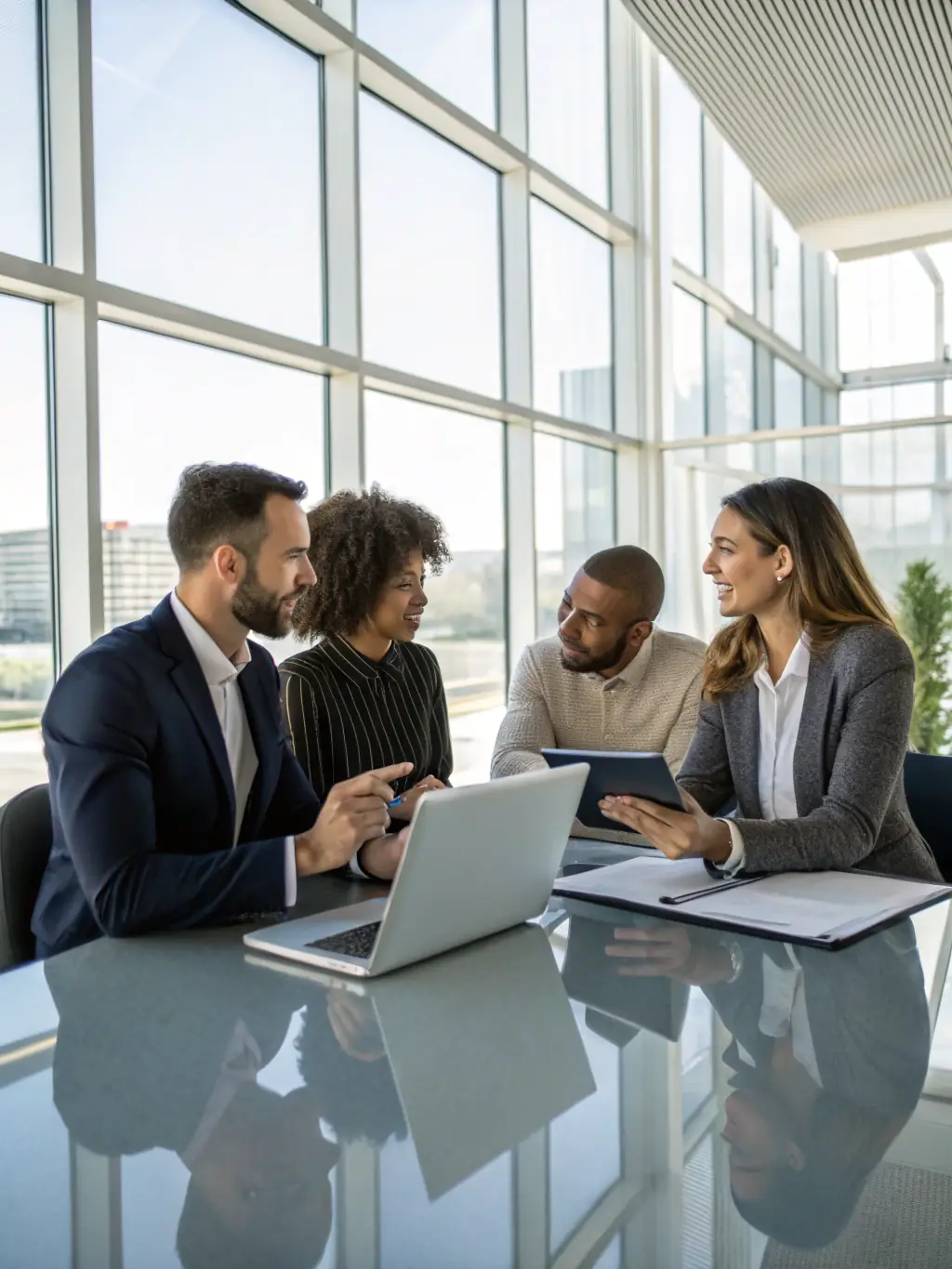 A photograph of Bluefield Health and enGen staff collaborating in a modern office setting, emphasizing the partnership and shared expertise.