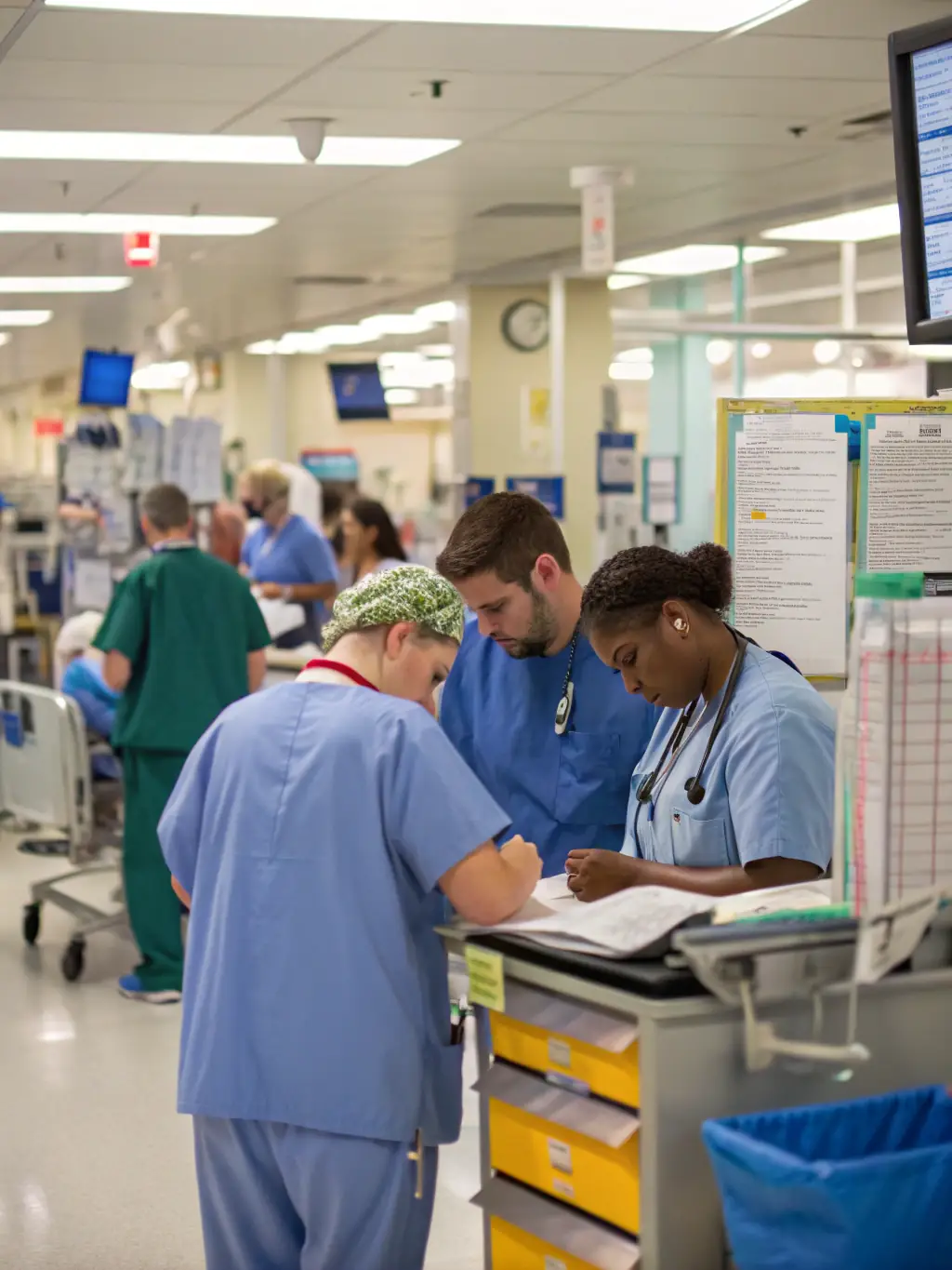 A picture of an embedded Bluefield Health staff liaison interacting with hospital staff, highlighting the importance of local accountability and knowledge retention.