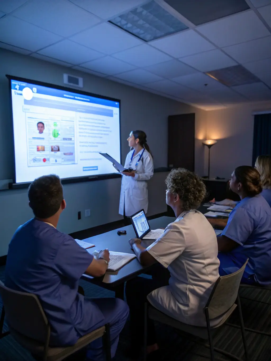A trainer guiding a group of healthcare professionals through Epic EHR software on computers in a classroom setting.