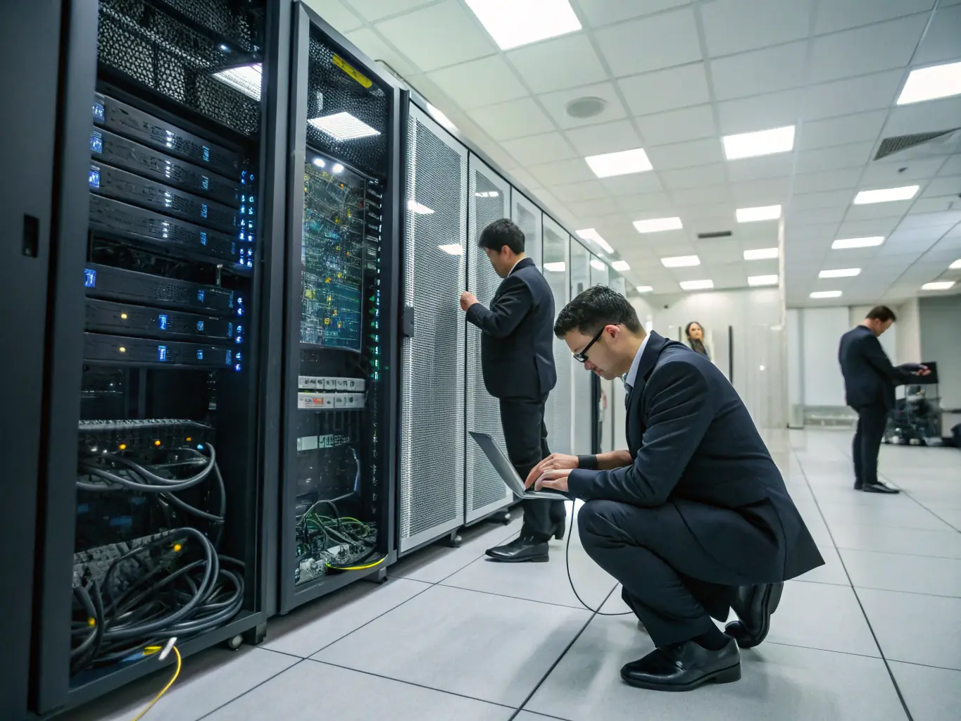 An image of a secure data center with cybersecurity professionals monitoring systems.