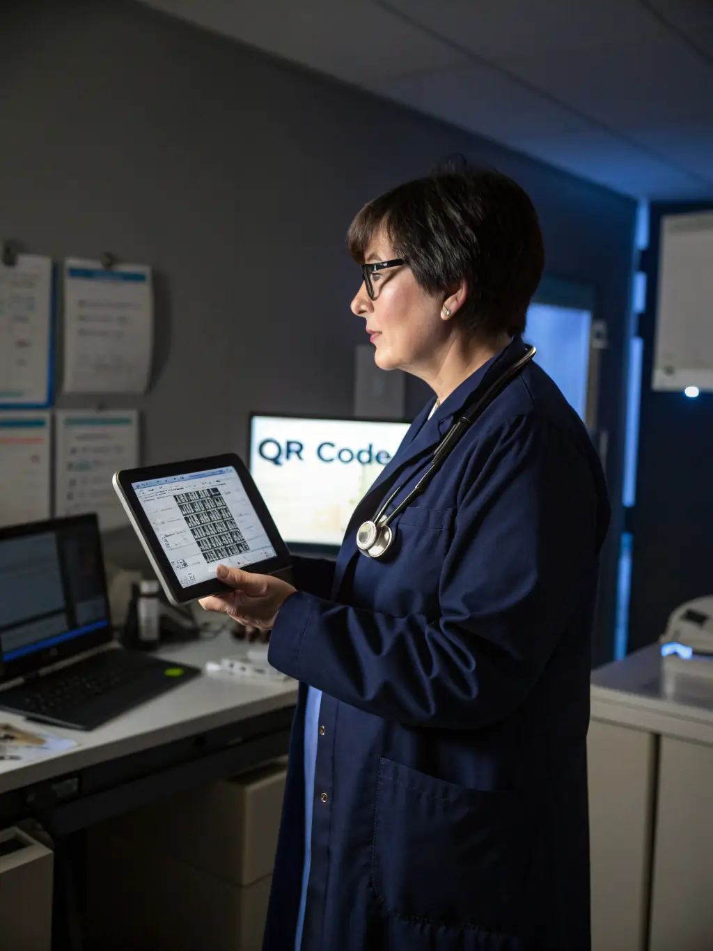 A hospital administrator reviewing Epic EHR data on a tablet, with a focused expression, in a brightly lit office.