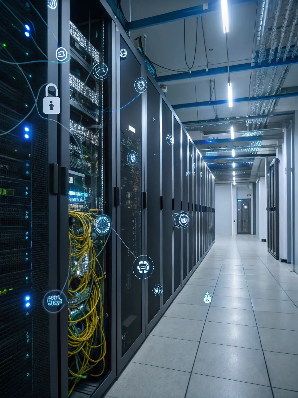 A secure data center with servers processing Epic EHR data, highlighting cybersecurity measures and data protection.