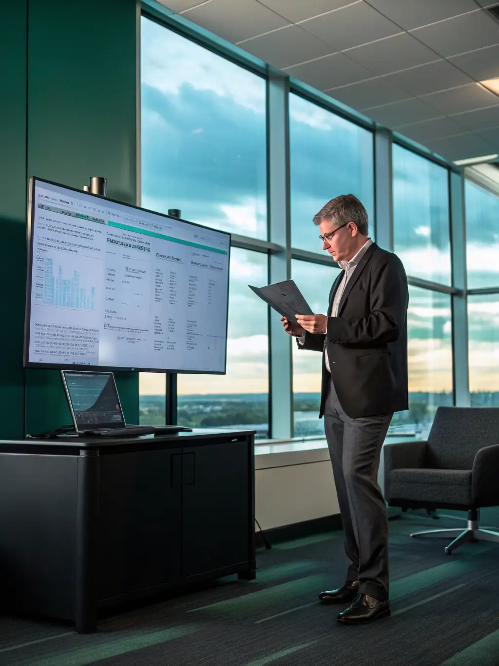 A professional photograph of a hospital administrator reviewing financial reports with a Bluefield Health representative, showcasing improved revenue cycle performance.